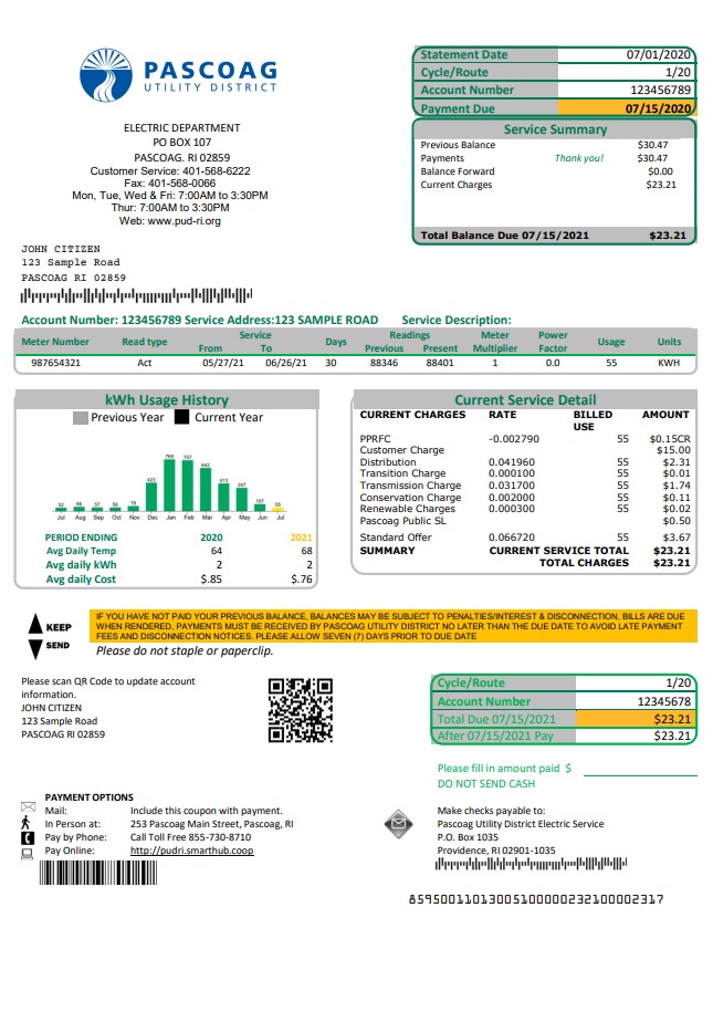 USA Rhode Island Pascoag Utility District utility bill template in Word and PDF format